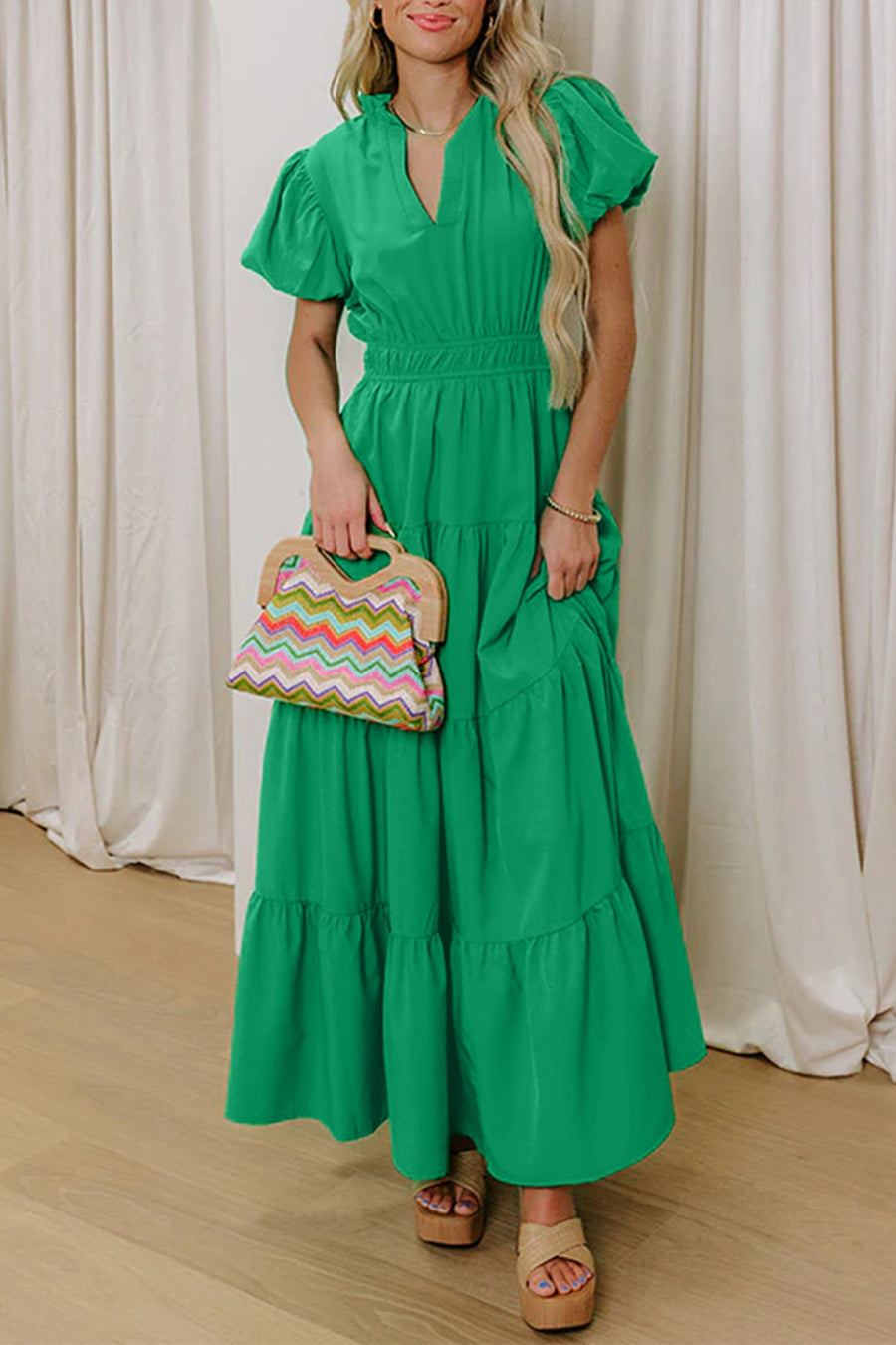 V-Neck Puff Sleeve High-Waist Tiered Maxi Dress- 3 Colors