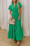 V-Neck Puff Sleeve High-Waist Tiered Maxi Dress- 3 Colors