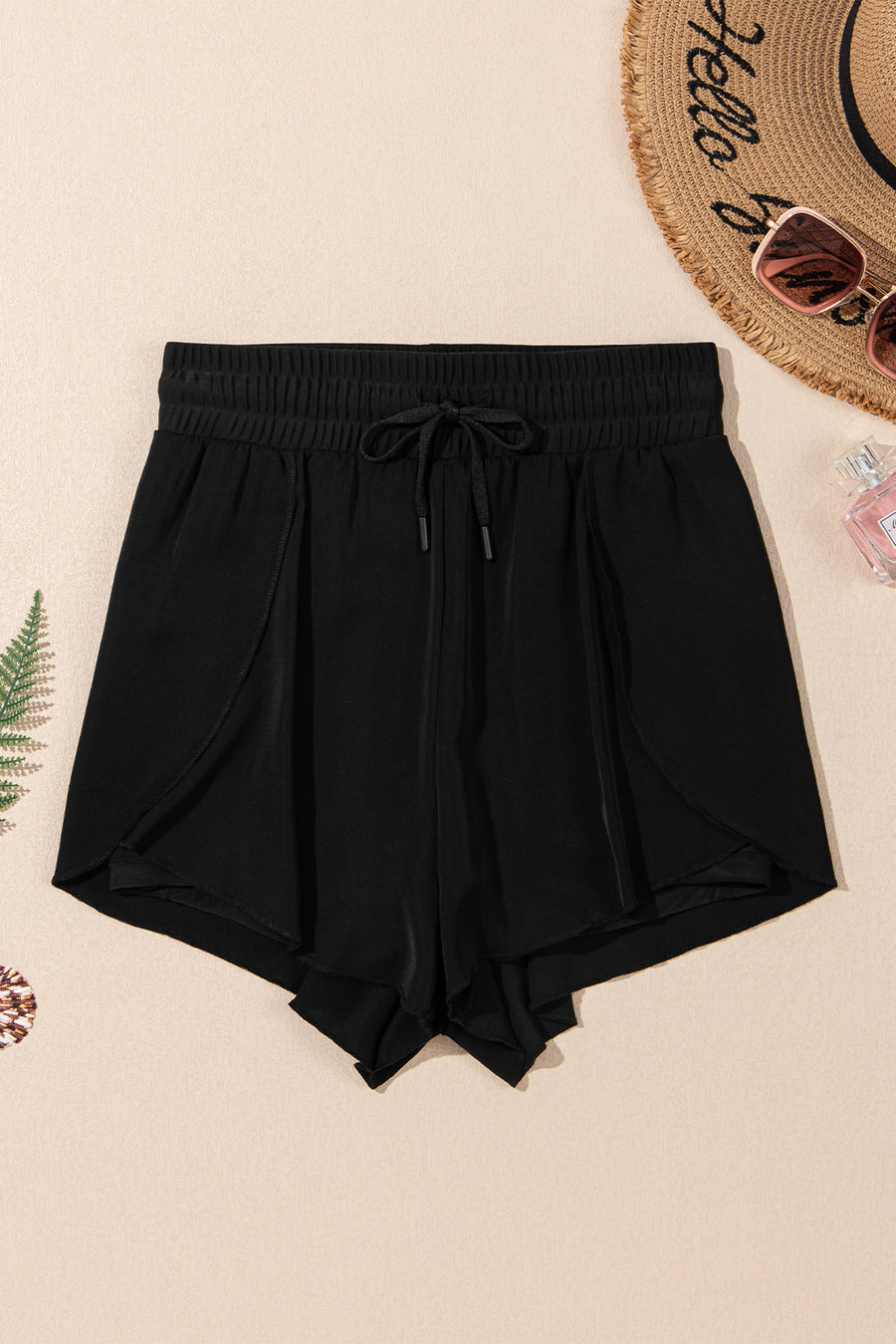 Black High-Waist Drawstring Hidden Pocket Swim Shorts