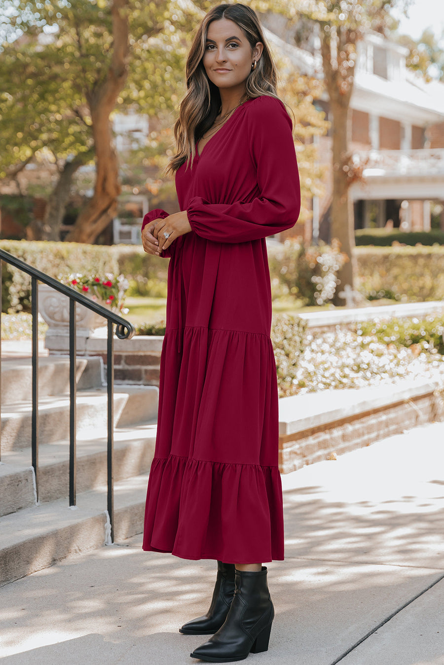 Solid Long Sleeve Button V-Neck Tiered Maxi Dress- 2 Colors