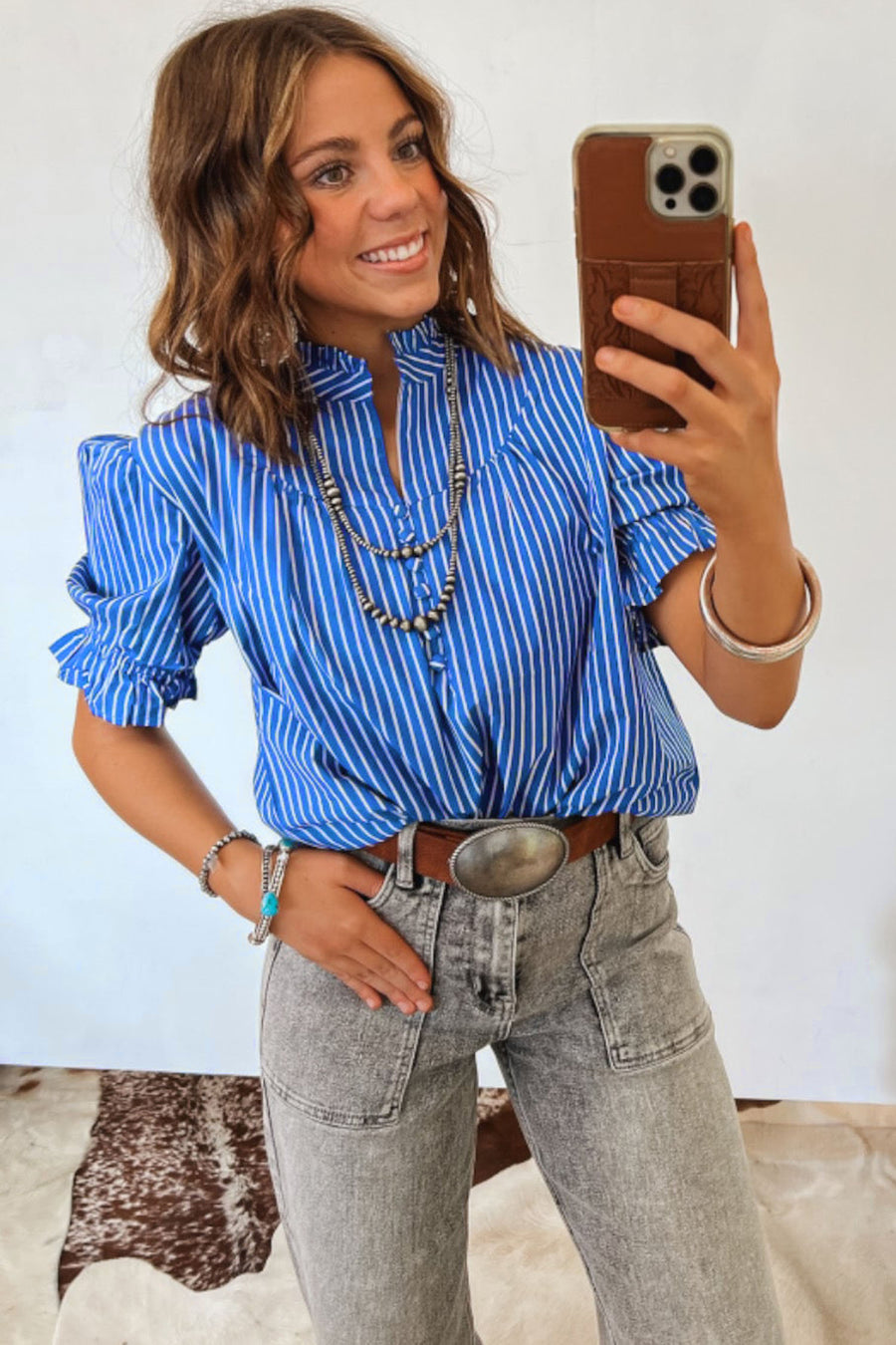 Striped Frill Neck Ruffled Short Puff Sleeve Button-Up Blouse- 2 Colors