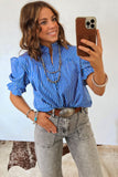 Striped Frill Neck Ruffled Short Puff Sleeve Button-Up Blouse- 2 Colors