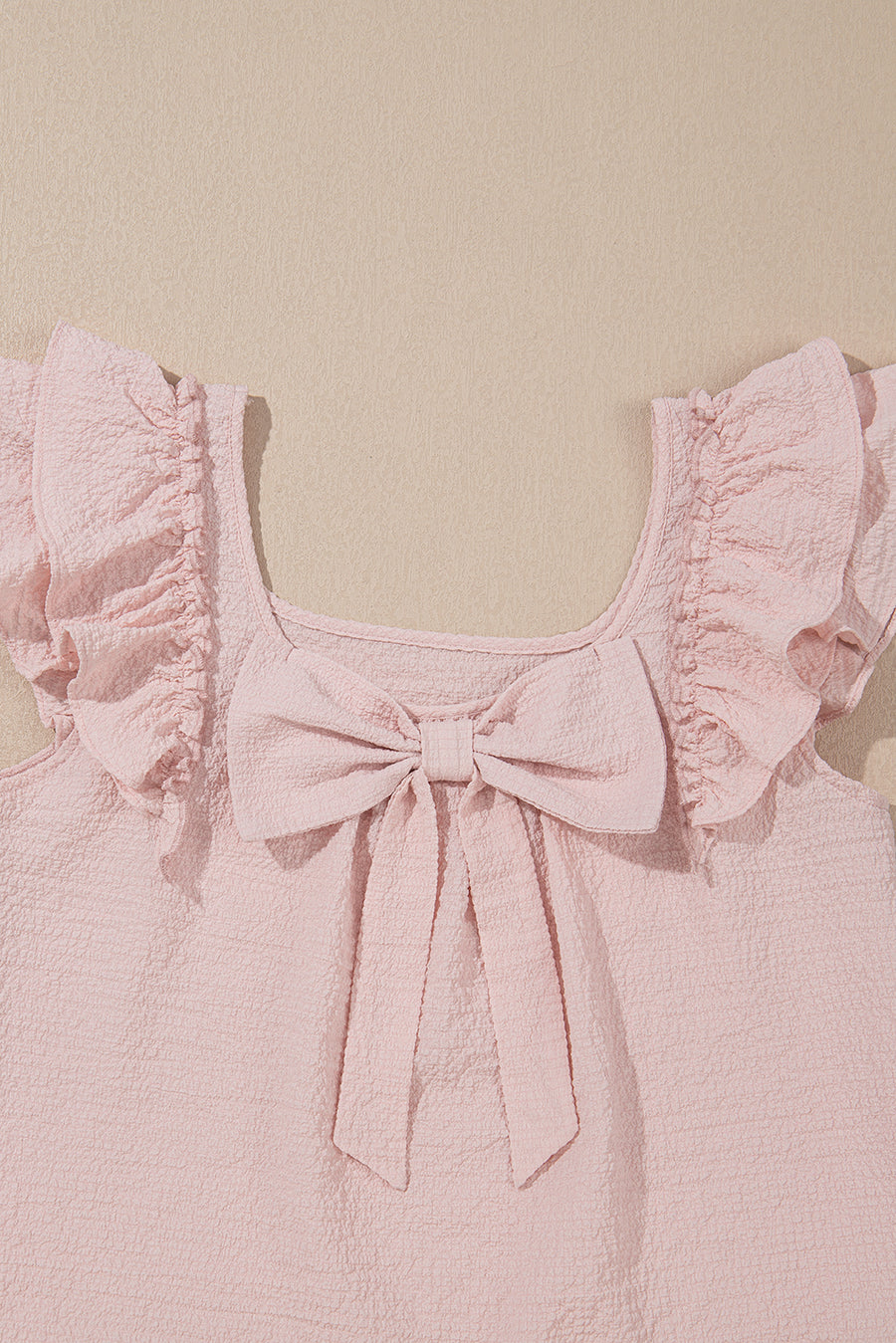 Textured Bow Frilled Ruffle Sleeve Blouse- Light Pink