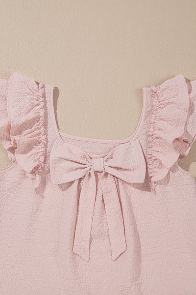 Pink Gossamer Textured Bow Frilled Ruffle Sleeve Blouse