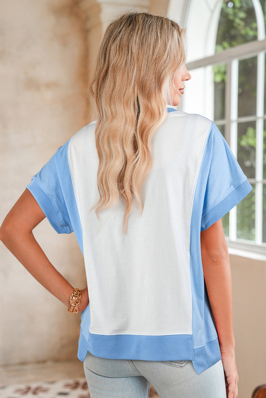 Color Block Exposed Seam Patchwork Crew Neck T-Shirt- 2 Colors