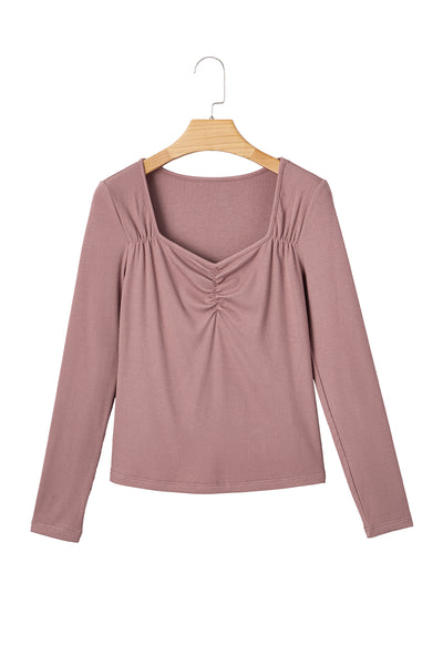 Burgundy Ruched Sweetheart Neck Ribbed Long Sleeve Top