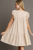 Jet Stream Linen Embroidered Notch Neck Pom Pom Ruffle Sleeve Mini Dress