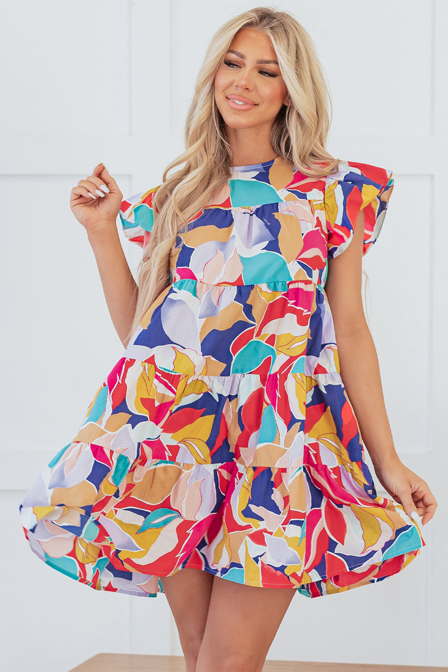 Abstract Print Flutter Sleeve Tiered Mini Dress