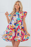 Abstract Print Flutter Sleeve Tiered Mini Dress