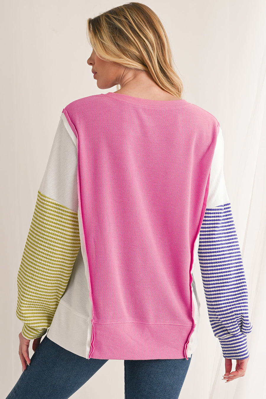 Pink Multi Waffle Patchwork Striped Sleeve Long Sleeve Shirt