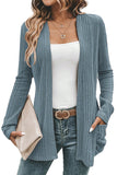 Stone Blue Ribbed Open Front Knitted Top with Pockets