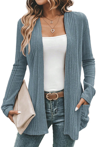 Stone Blue Ribbed Open Front Knitted Top with Pockets