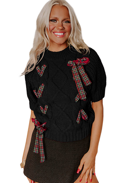 Plaid Lace-Up Puff Short Sleeve Sweater- 2 Colors