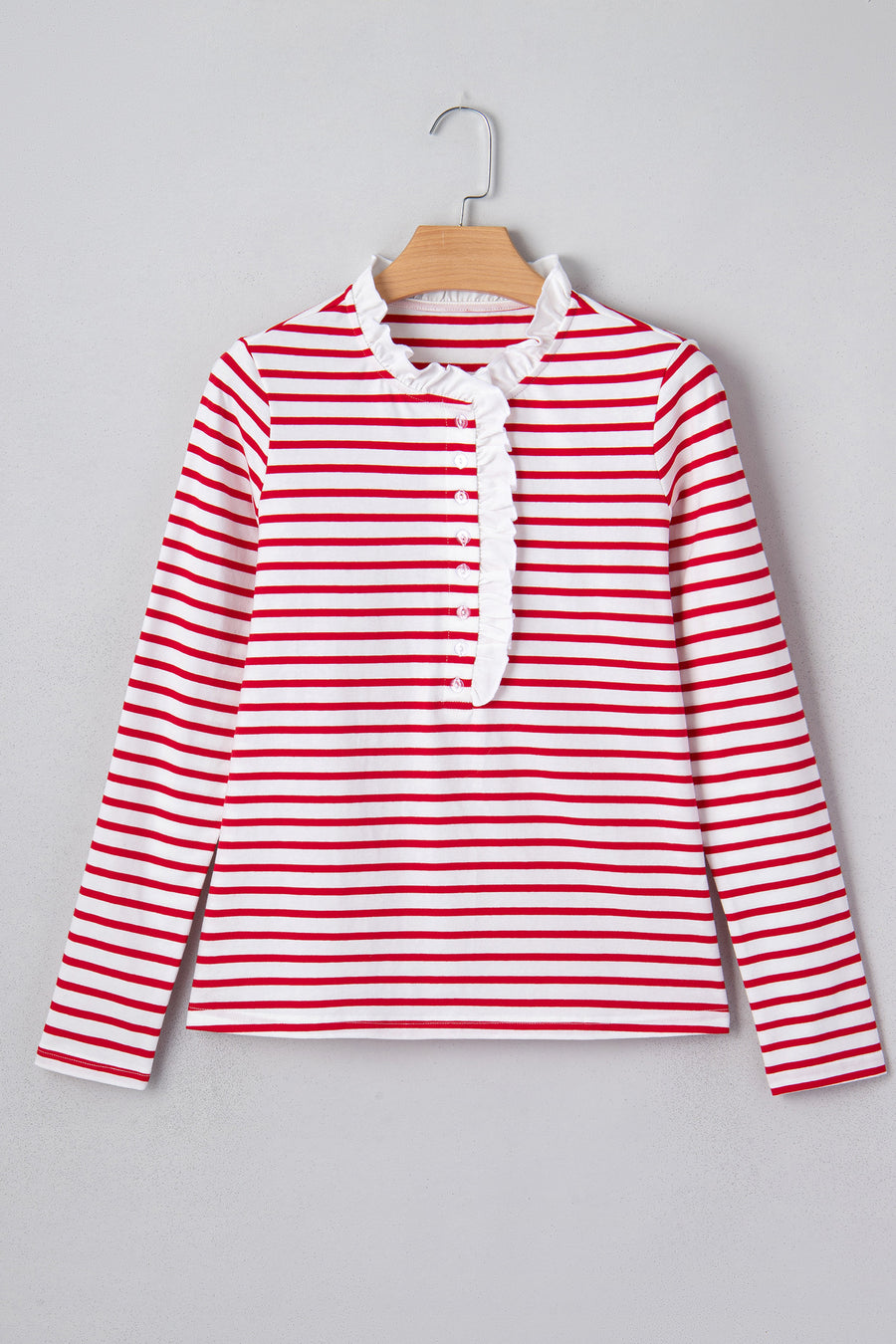 Red Stripe Contrast Frill Neck Half Button-Up Long Sleeve Top