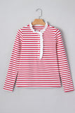 Red Stripe Contrast Frill Neck Half Button-Up Long Sleeve Top