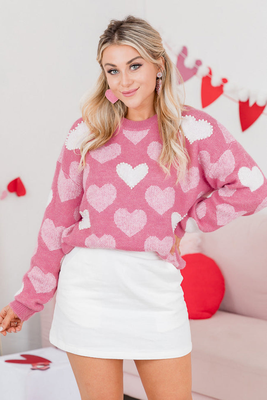 Pink Pearl Heart Pattern Drop Shoulder Crew Neck Sweater