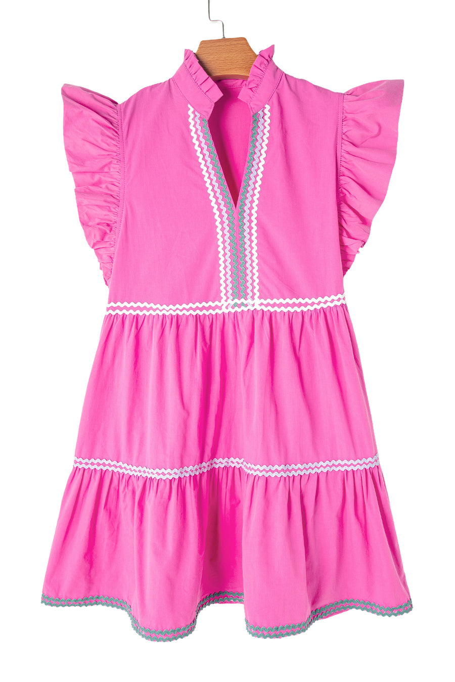 Bright Pink Flutter Sleeve V-Neck Ricrac Tiered Mini Dress