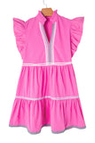 Bright Pink Flutter Sleeve V-Neck Ricrac Tiered Mini Dress