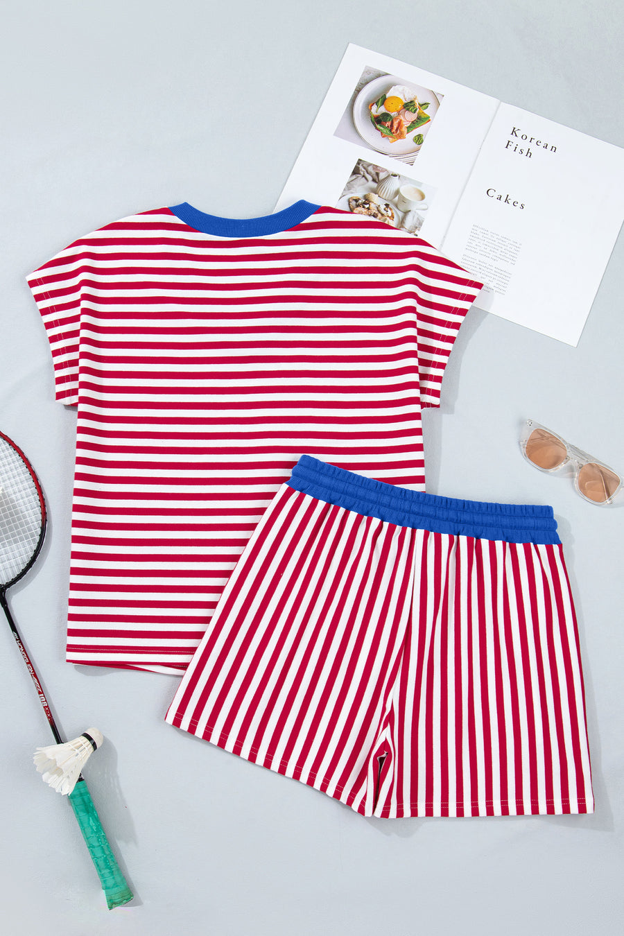 Striped Contrast Trim V-Neck T-Shirt and Drawstring Elastic Waist Shorts Set- 4 Colors
