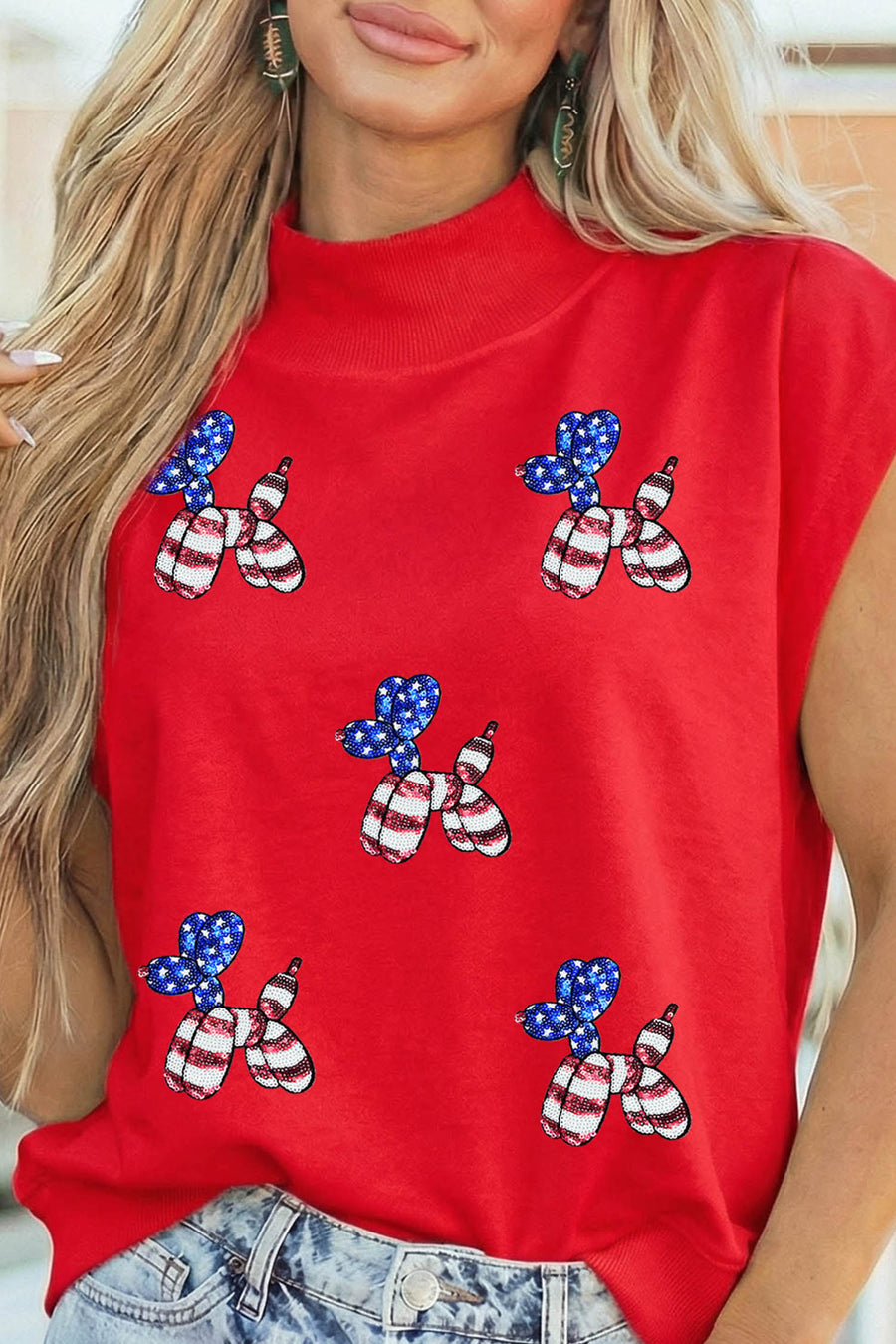 Red Sequin American Flag Balloon Dog Patches Mock Neck Short Sleeve T-Shirt