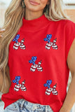 Red Sequin American Flag Balloon Dog Patches Mock Neck Short Sleeve T-Shirt