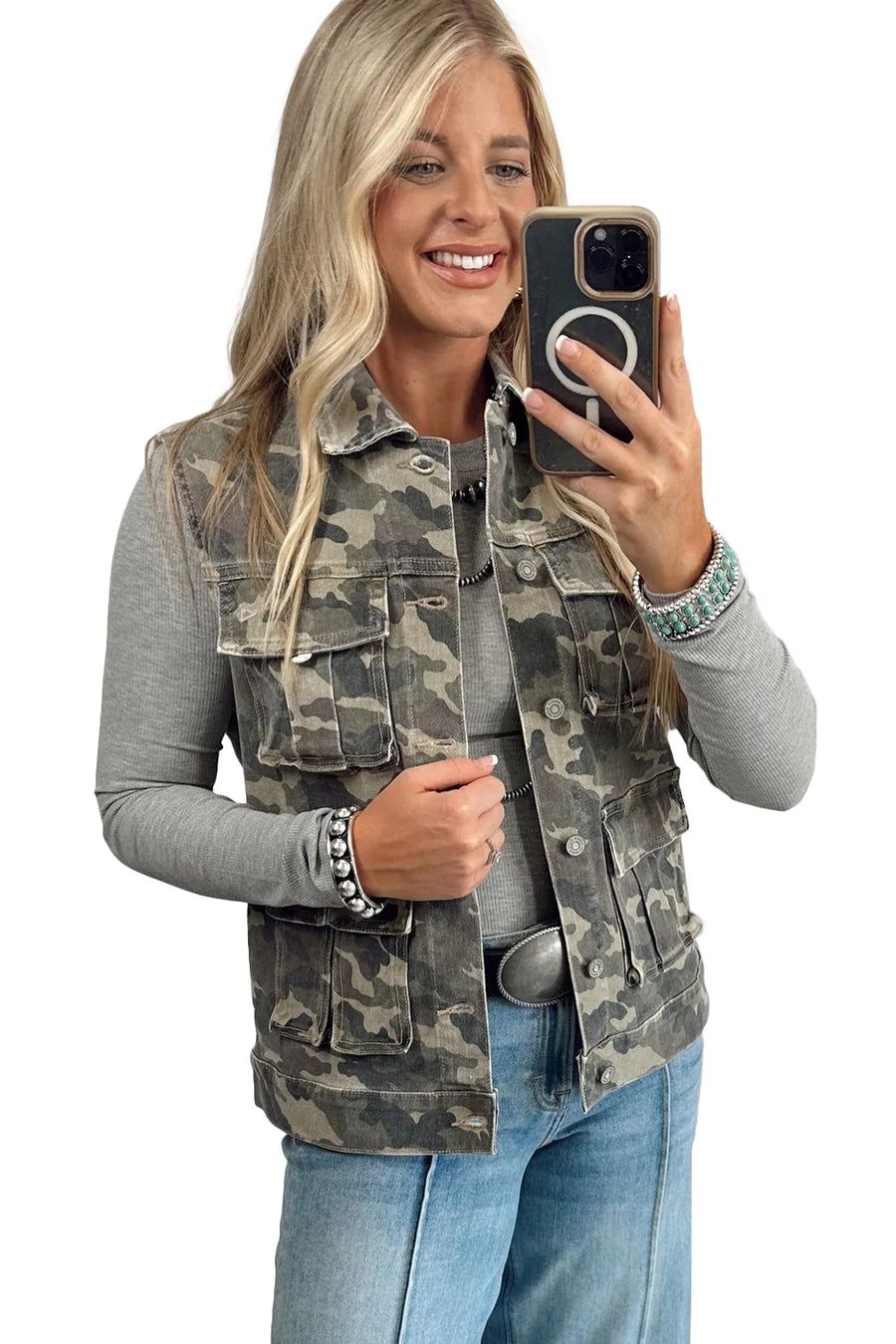 Camouflage Print Cargo Pocket Button-Up Denim Vest