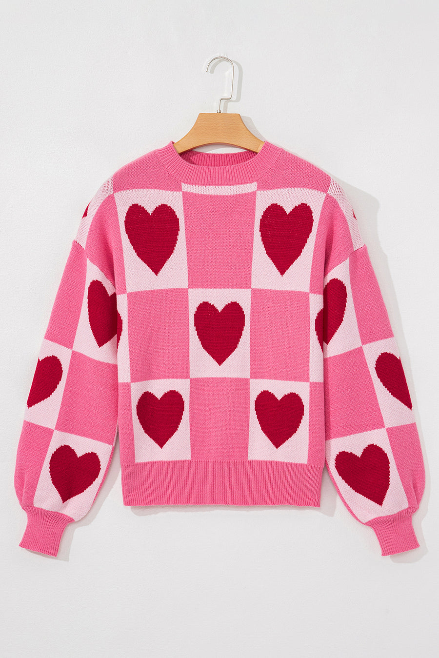 Pink Heart & Checkered Pattern Drop Shoulder Crew Neck Knit Sweater