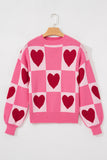 Pink Heart & Checkered Pattern Drop Shoulder Crew Neck Knit Sweater