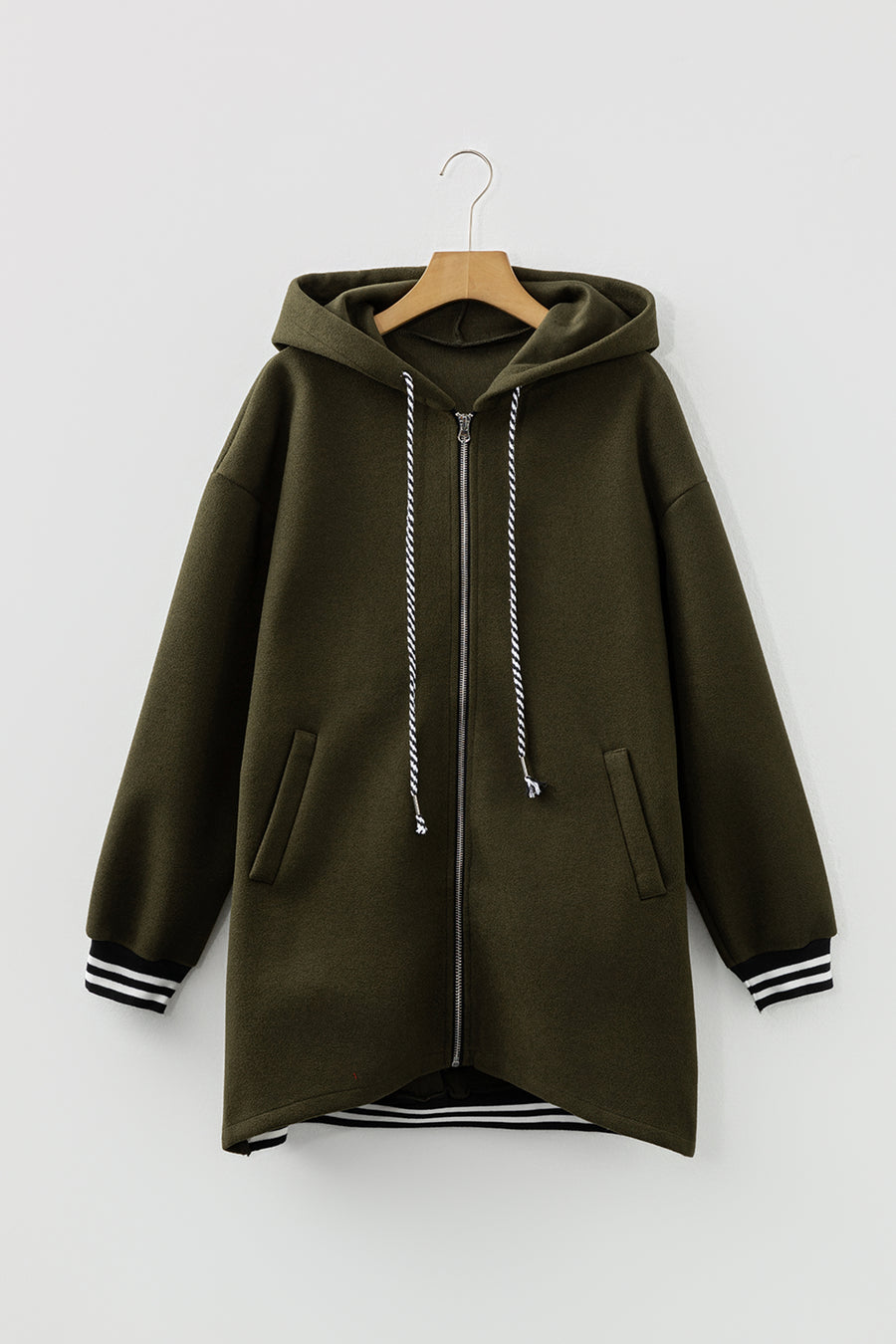 Contrast Cuff Drop Shoulder Zip-Up Tunic Hoodie- 3 Colors