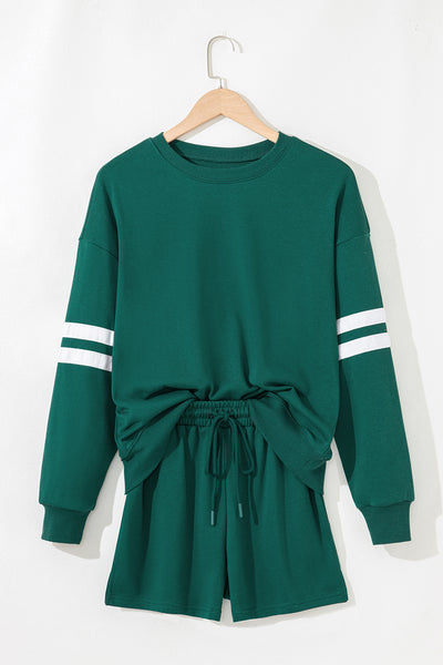 Varsity Striped Sleeve Drop Shoulder Sweatshirt and Shorts Set- 5 Colors