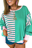 Plus Size Green & Pink Striped Color Block Patchwork Side Slit Sweatshirt