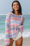 Openwork Side Slit Crew Neck Striped Cover-Up B- 2 Colors