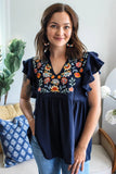 Navy Blue V-Neck Ruffled Sleeve Floral Embroidered Babydoll Blouse