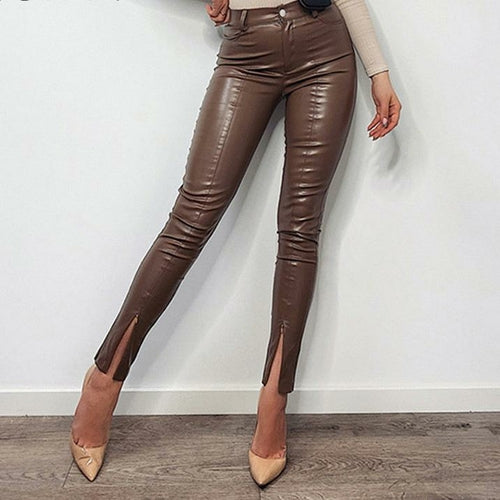 Women's High-Waist Front Seam Zip Ankle Faux Leather Pants- 2 Colors
