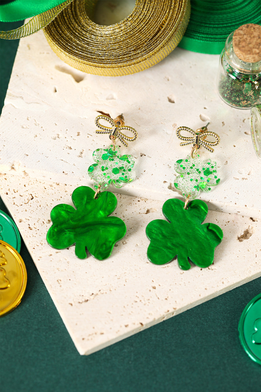 Green Double Clover & Bow Drop Post Earrings