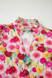 Pink Floral Frilled V-Neck Puff Short Sleeve Blouse