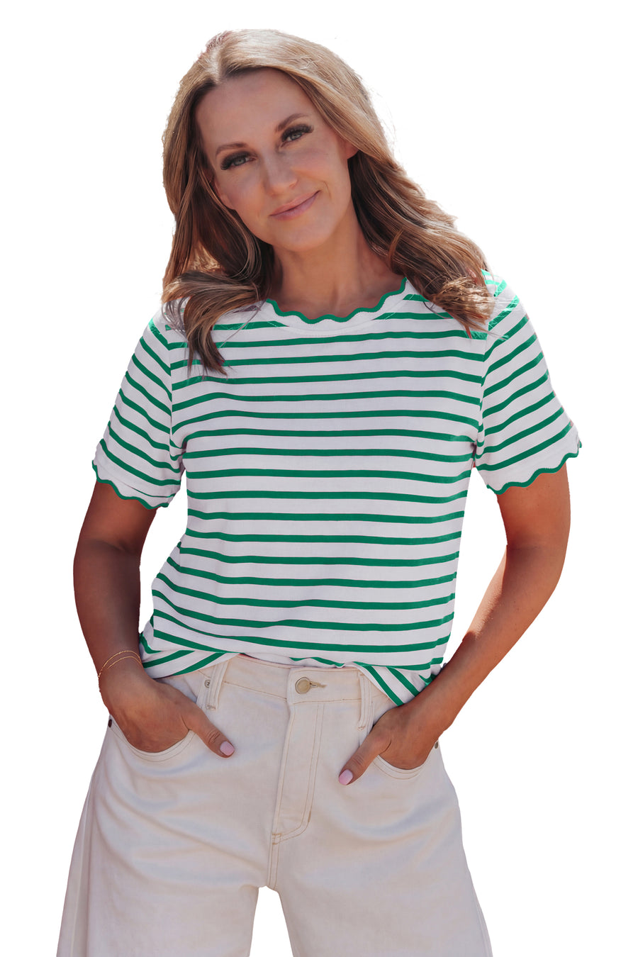 Striped Scalloped Trim Crew Neck Short Sleeve T-Shirt- 5 Colors
