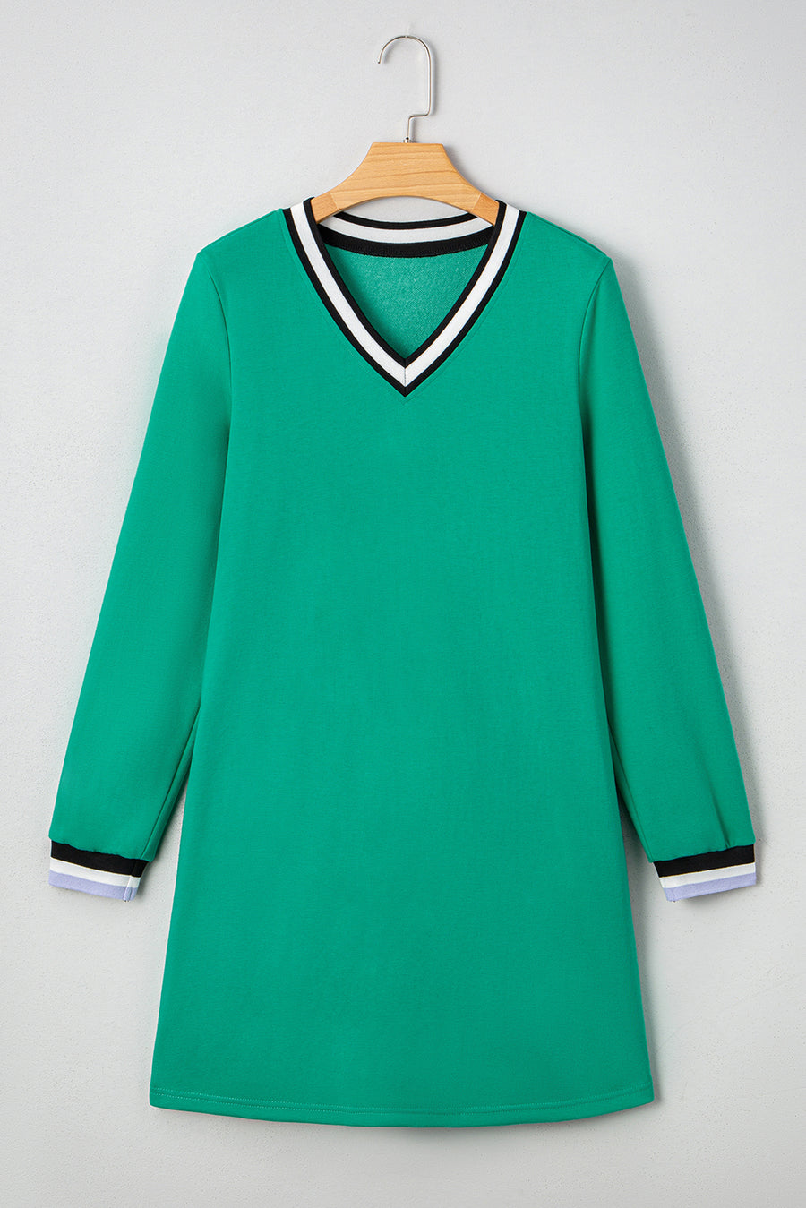 Green Contrast Striped V-Neck Long Sleeve T-Shirt Dress with Pockets