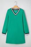 Green Contrast Striped V-Neck Long Sleeve T-Shirt Dress with Pockets