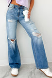 Medium Blue Mid-Rise Distressed Straight Leg Jeans