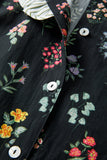 Black Floral Contrast Trim Frilled Neck Ruffled Short Sleeve Blouse