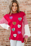 Red Sequin Hearts Striped Color Block Patchwork Drop Shoulder Crew Neck Sweatshirt 2