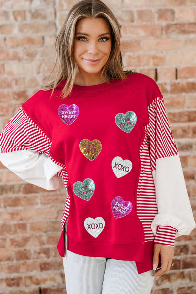 Red Sequin Hearts & Striped Color Block Patchwork Drop Shoulder Crew Neck Sweatshirt 2