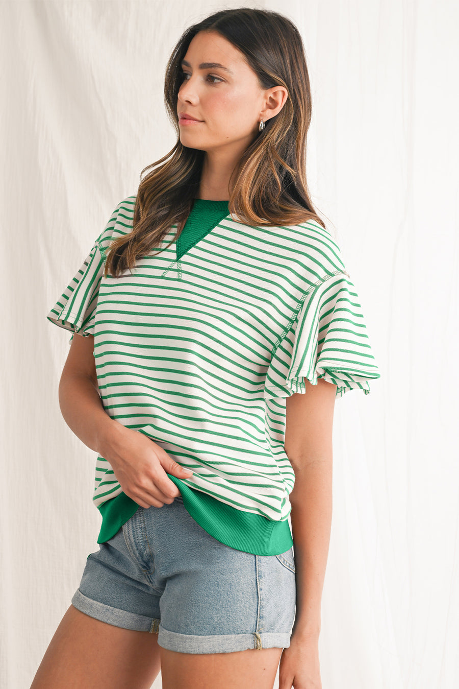 Striped Ruffle Sleeve Crew Neck T-Shirt- 3 Colors
