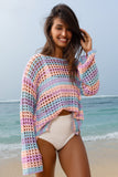 Openwork Side Slit Crew Neck Striped Cover-Up B- 2 Colors