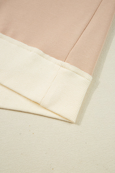 Light French Beige Waffle Textured Patchwork Pullover Sweatshirt