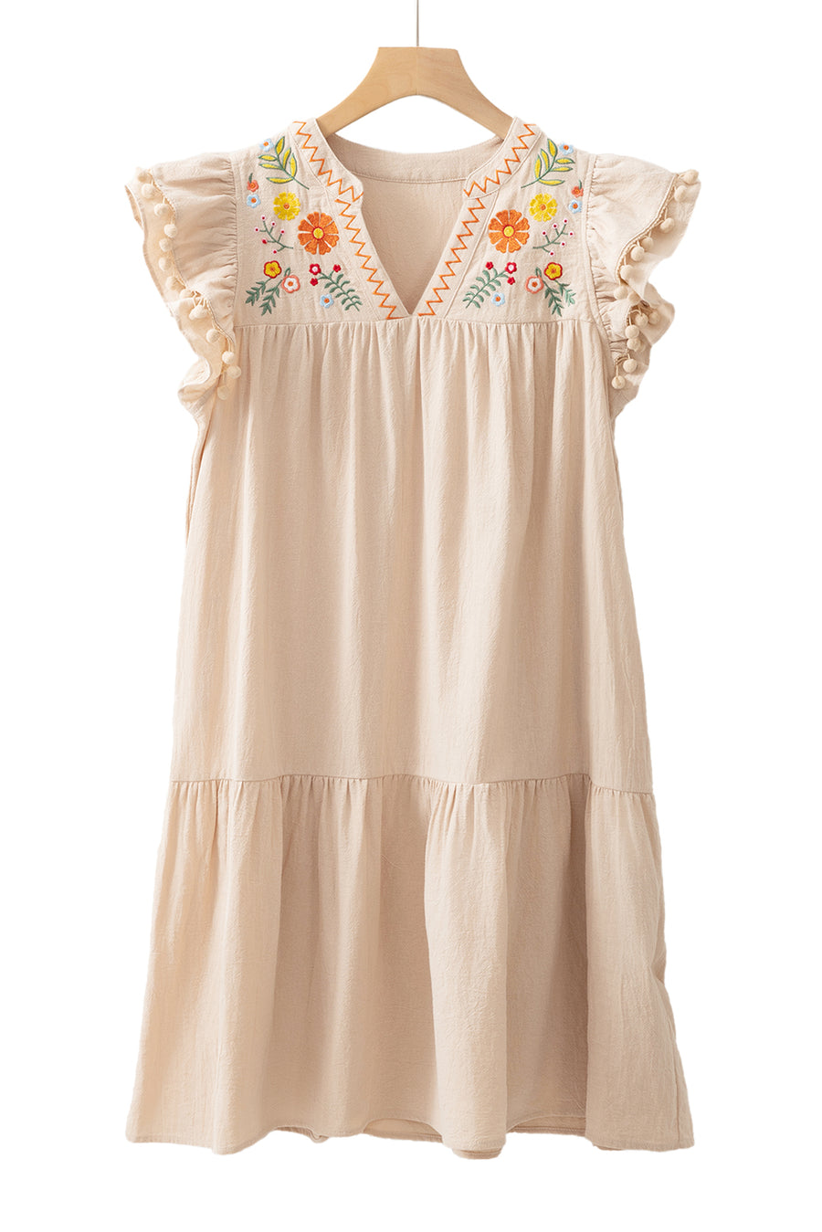 Jet Stream Linen Embroidered Notch Neck Pom Pom Ruffle Sleeve Mini Dress