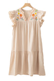 Jet Stream Linen Embroidered Notch Neck Pom Pom Ruffle Sleeve Mini Dress