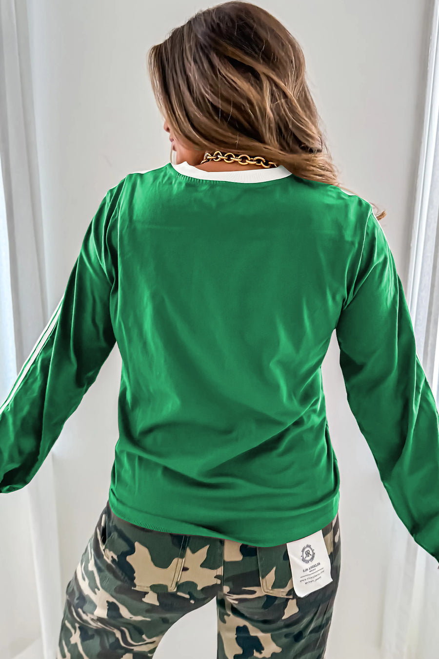 Varsity Striped Contrast Trim Crew Neck Long Sleeve T-Shirt- 3 Colors