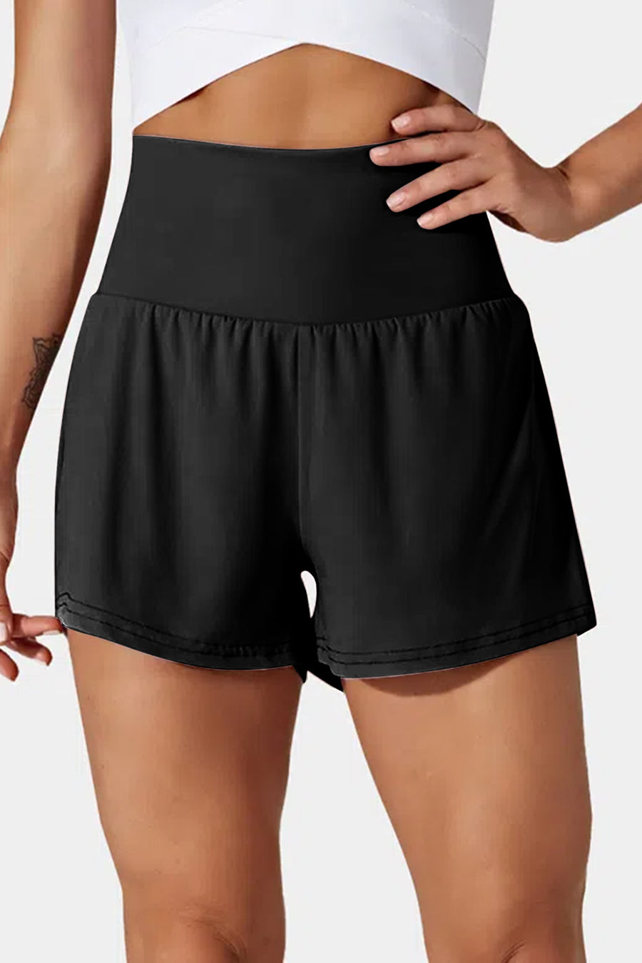 Black High-Waist Wide Band Back Pocket Swim Shorts